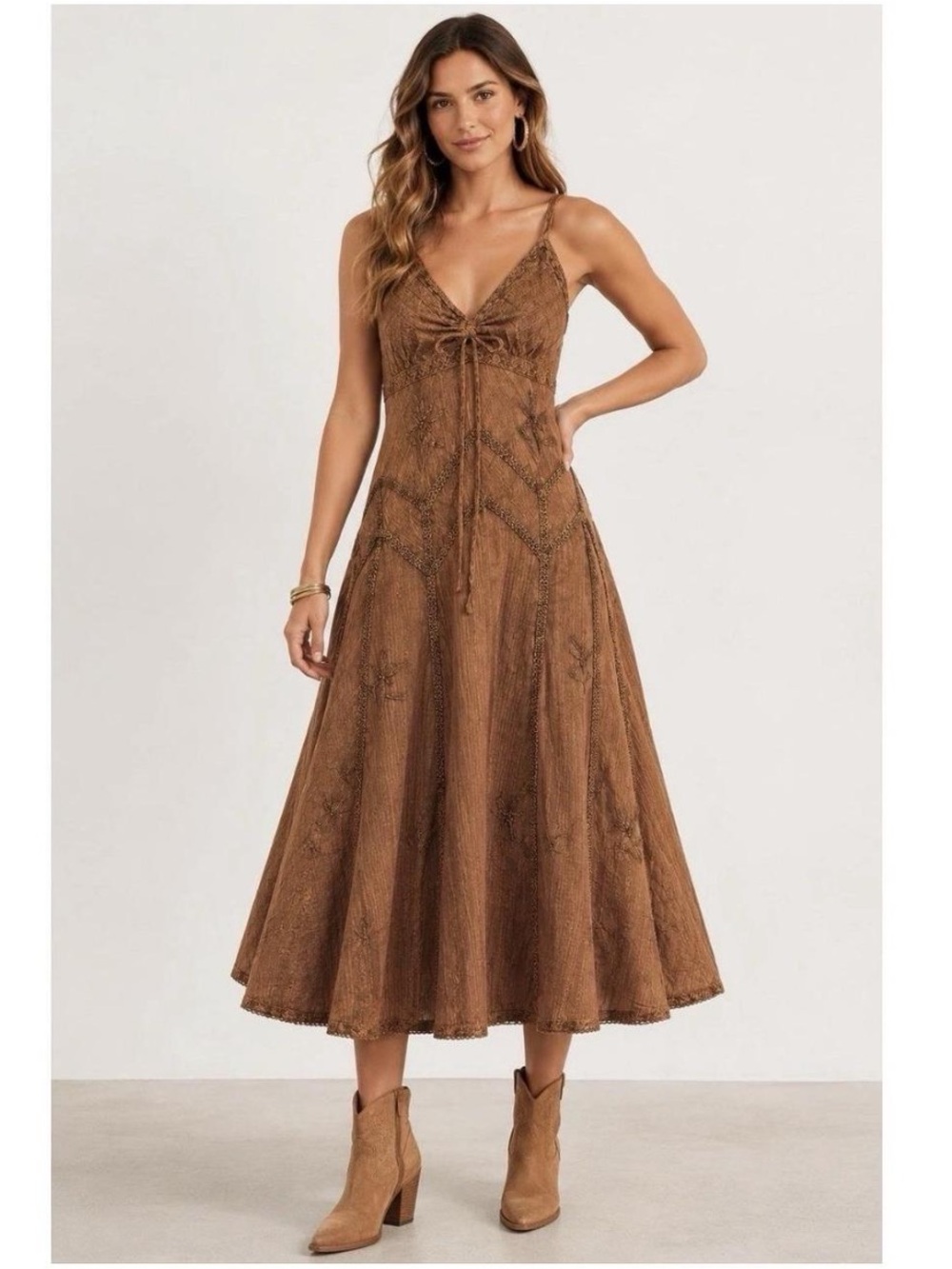 Scully Western Honey Creek Embroidered Rodeo Copper Maxi Dress SZ L